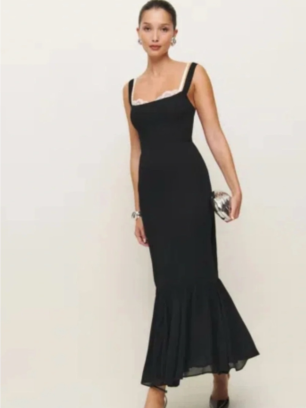 Reformation Black Sleeveless Mermaid Hem Maxi Dress with Lace Trim